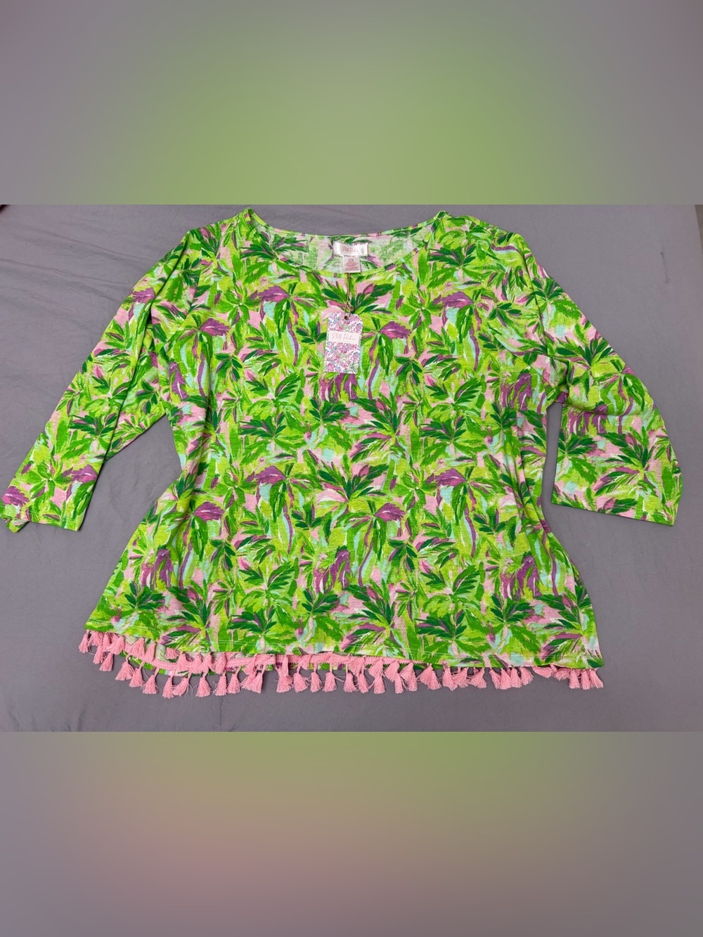 Stella Parker Tassel Top Tropical Coastal 3/4 Sleeve Green & Pink Palm Trees 2X